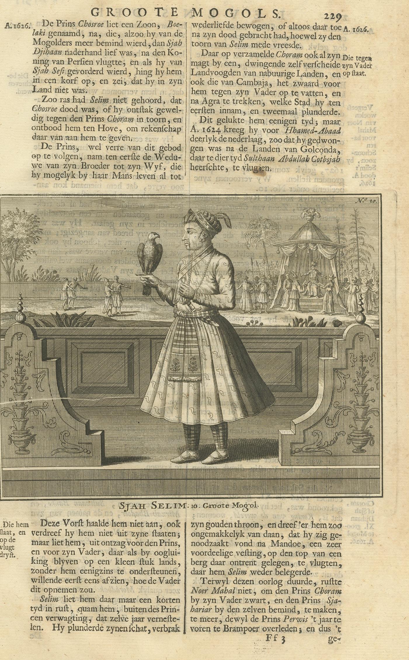 Antique print titled 'Sjah Selim, 10. Groote Mogol'. This print depicts Rafi ud-Darajat, the 10th Mughal Emperor. Text on verso. This print originates from 'Oud en Nieuw Oost-Indiën' by F. Valentijn.