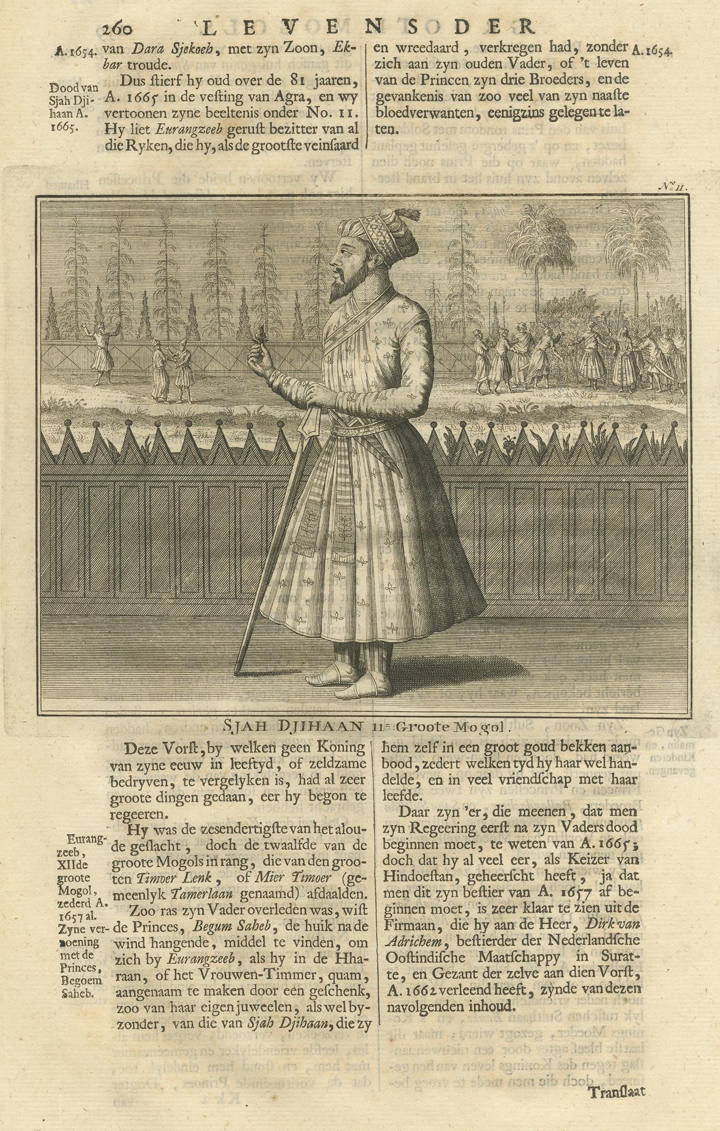 Antique print titled 'Sjah Djihaan, 11. Groote Mogol'. This print depicts Jahandar Shah, the 11th Mughal Emperor. Text on verso. This print originates from 'Oud en Nieuw Oost-Indiën' by F. Valentijn.