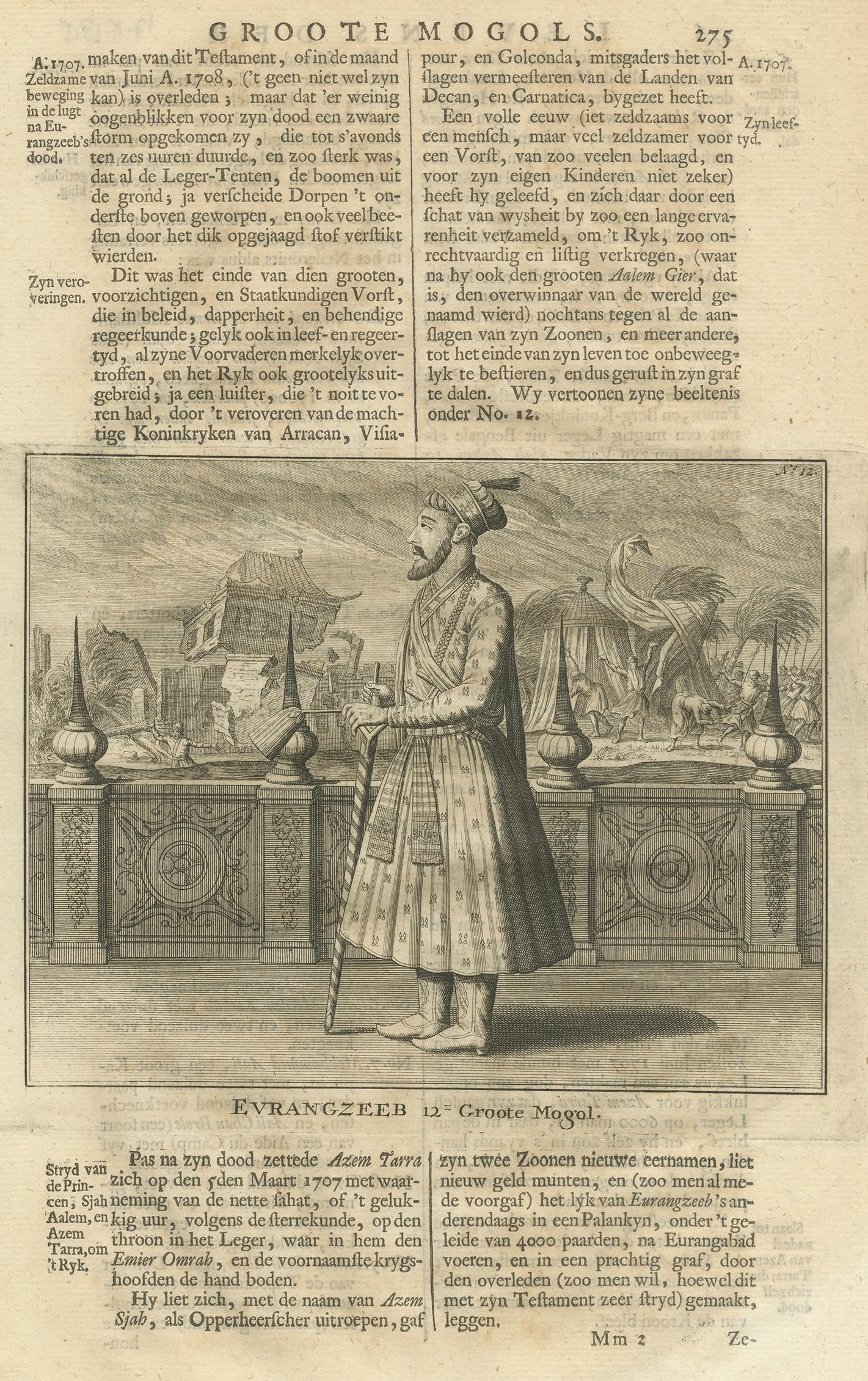 Antique print titled 'Evrangzeeb, 12de Groote Mogol'. This print depicts Farrukhsiyar, the 12th Mughal Emperor. Text on verso. This print originates from 'Oud en Nieuw Oost-Indiën' by F. Valentijn.