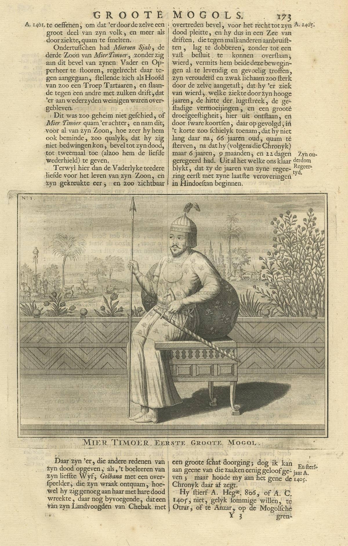 Antique Print of the 1st Mughal Emperor by Valentijn, 1726