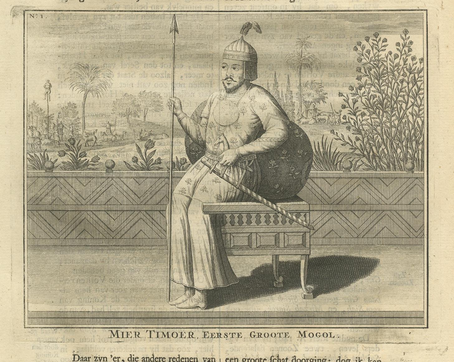 Dutch Antique Print of the 1st Mughal Emperor by Valentijn, 1726 For Sale