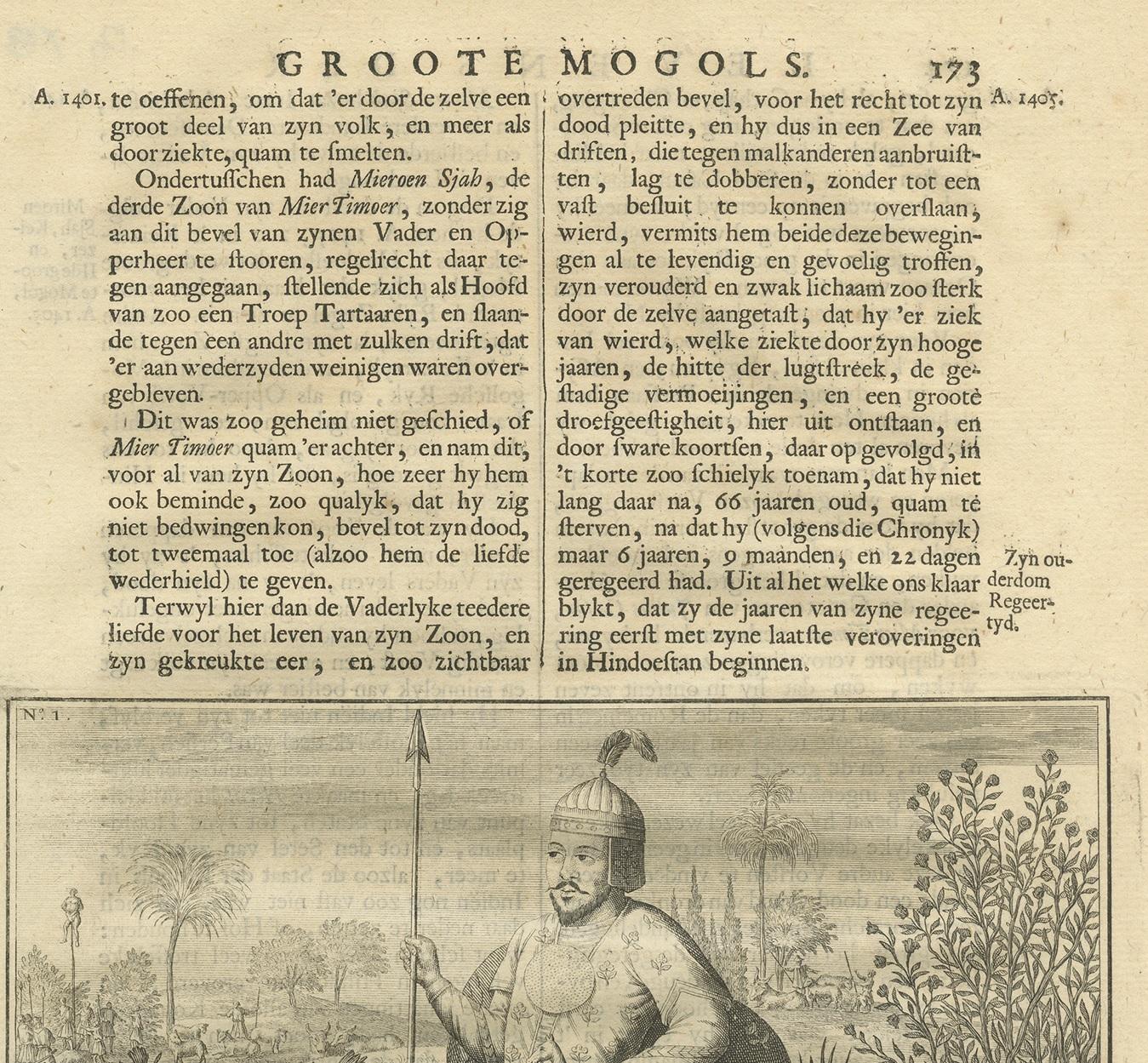 Grabado antiguo del 1er emperador mogol por Valentijn, 1726 en Bueno estado para la venta en Langweer, NL