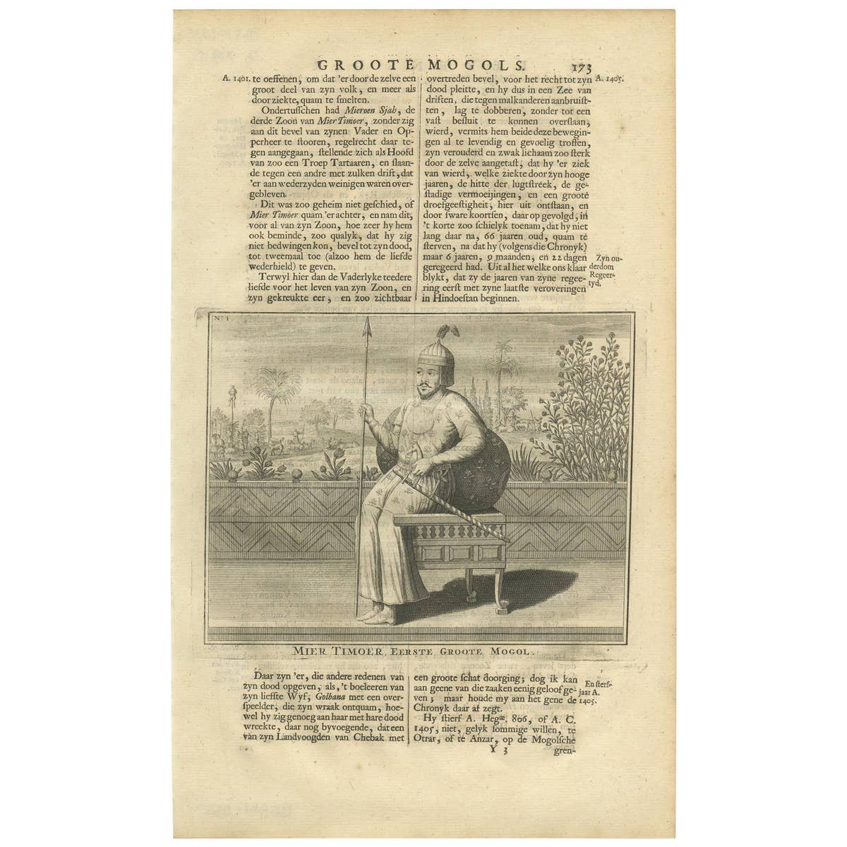 Antique Print of the 1st Mughal Emperor by Valentijn, 1726