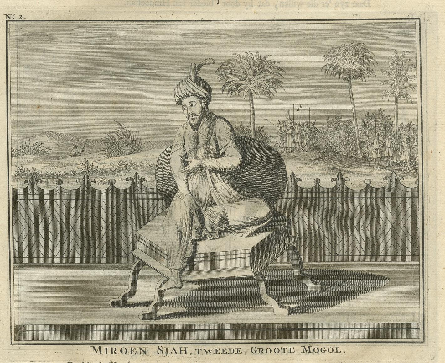 Antique print titled 'Miroen Sjah, Tweede Groote Mogol'. This print depicts Humayun, the 2nd Mughal Emperor. On verso: 'Mirzah Seyed', (Akbar I or Akbar the Great) the 3th Mughal Emperor. This print originates from 'Oud en Nieuw Oost-Indiën' by F.