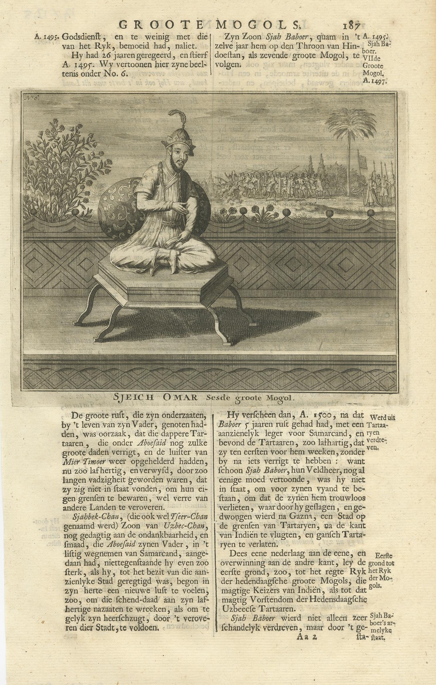 Antique print titled 'Sjeich Omar, Sesde Groote Mogol'. This print depicts Aurangzeb, the 6th Mughal Emperor. Text on verso. This print originates from 'Oud en Nieuw Oost-Indiën' by F. Valentijn.