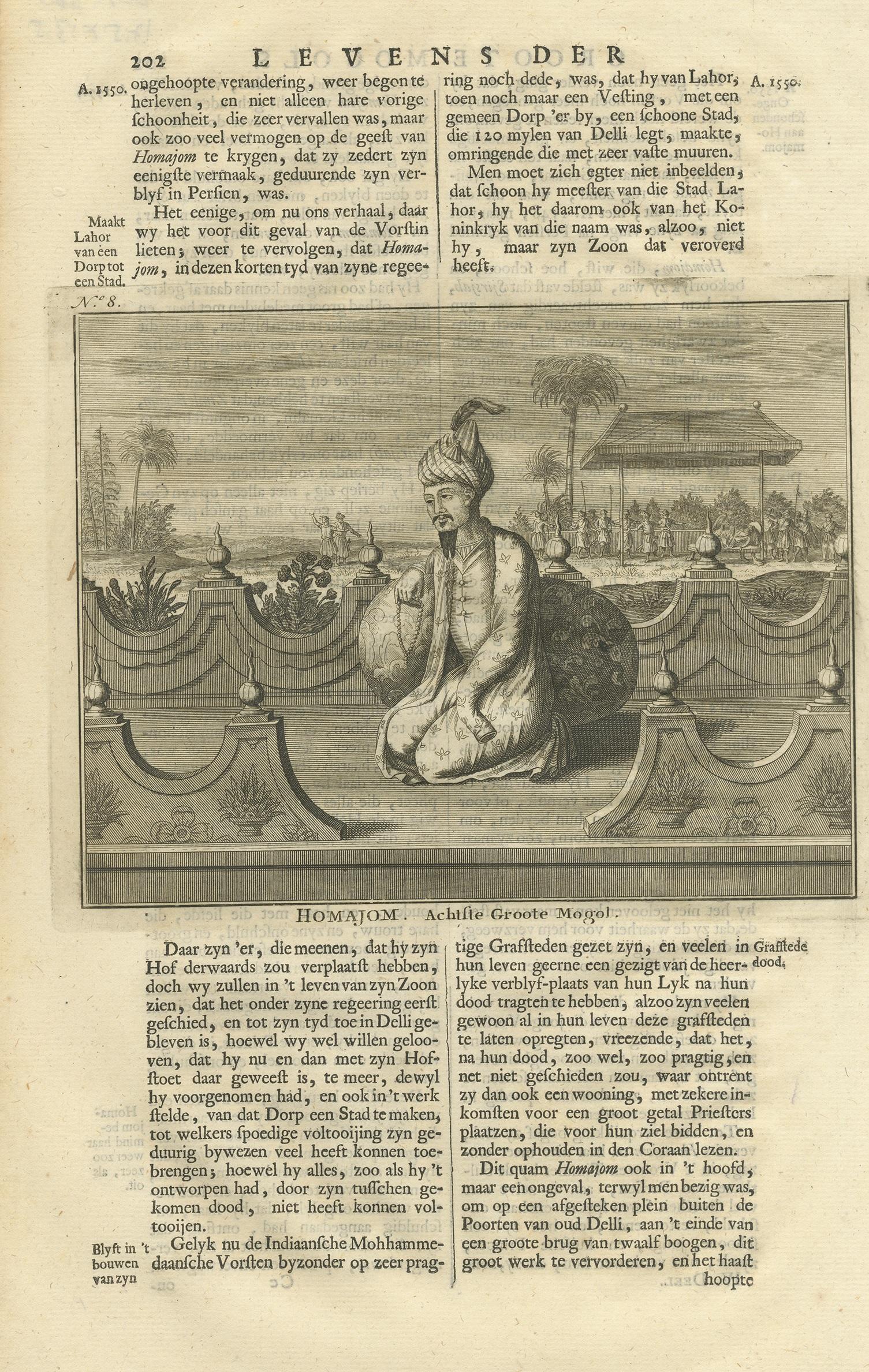 Antique print titled 'Homajom, Achtste Groote Mogol'. This print depicts Jahandar Shah, the 8th Mughal Emperor. Text on verso. This print originates from 'Oud en Nieuw Oost-Indiën' by F. Valentijn.