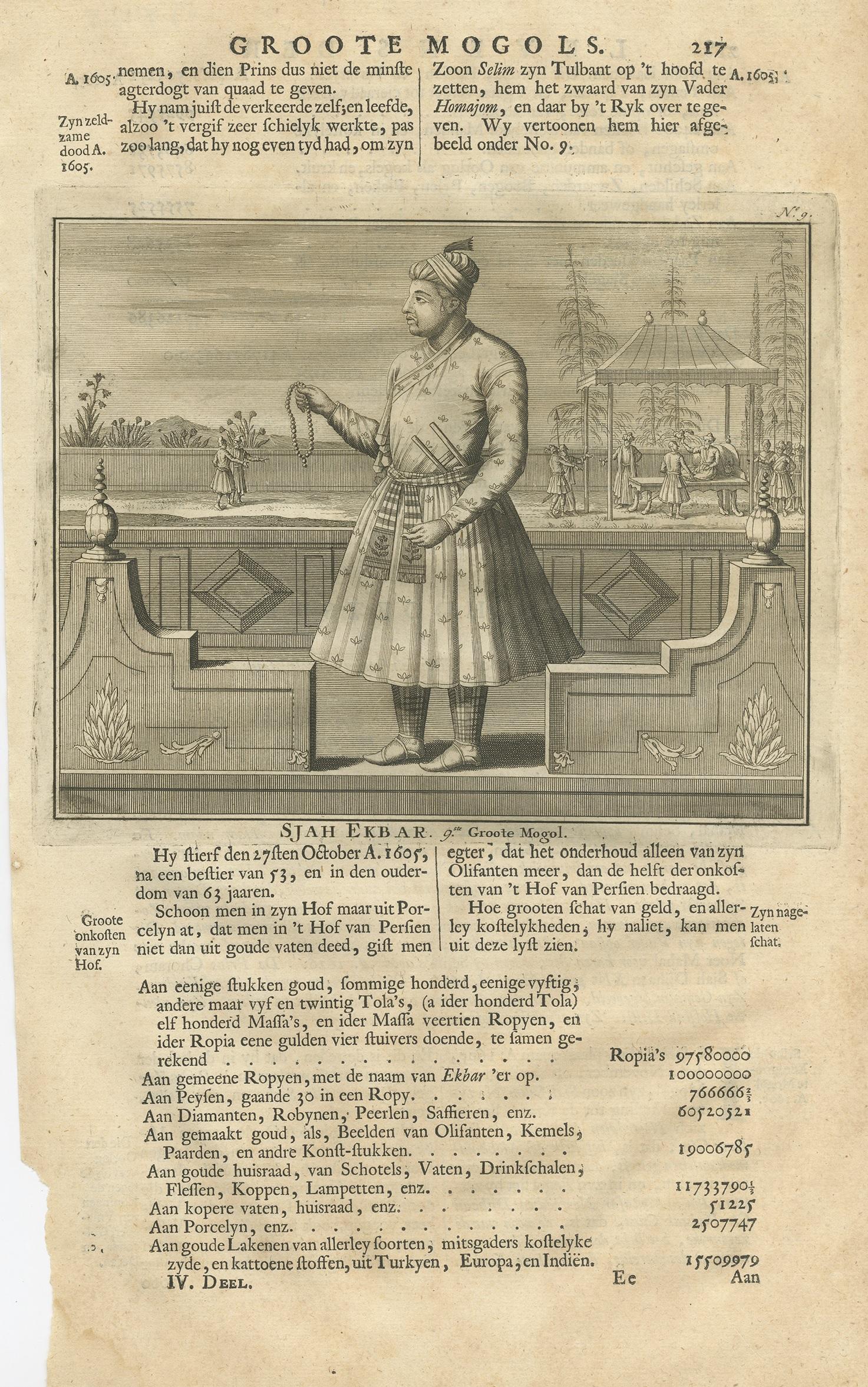 Antique print titled 'Sjah Ekbar, 9ste Groote Mogol'. This print depicts Farrukhsiyar, the 9th Mughal Emperor. Text on verso. This print originates from 'Oud en Nieuw Oost-Indiën' by F. Valentijn.
