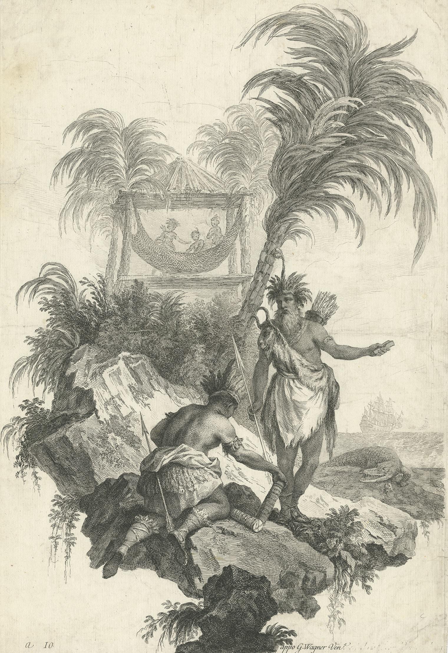 Antique print representing the continent 'Africa'. Shows two Africans and a crocodile. In the background three Africans near a hammock. This print is made after Jacopo Amigoni, who published a series of prints representing the various continents and