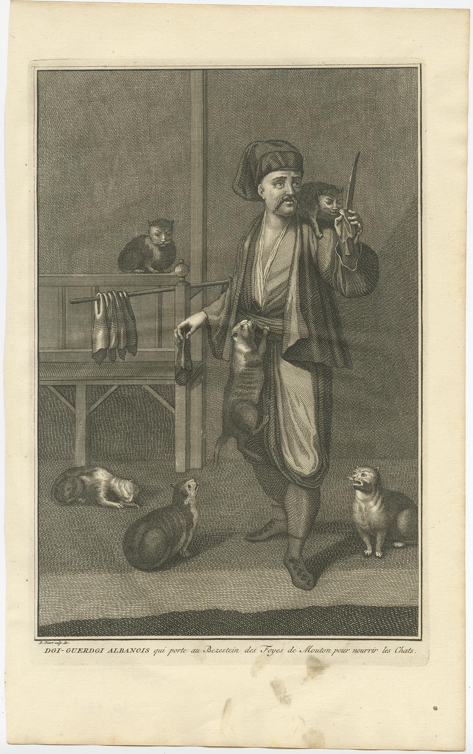 Antique Print of the Albanian Dgi-Guerdgi Feeding Sheep Liver to Cats, 1727 In Good Condition For Sale In Langweer, NL