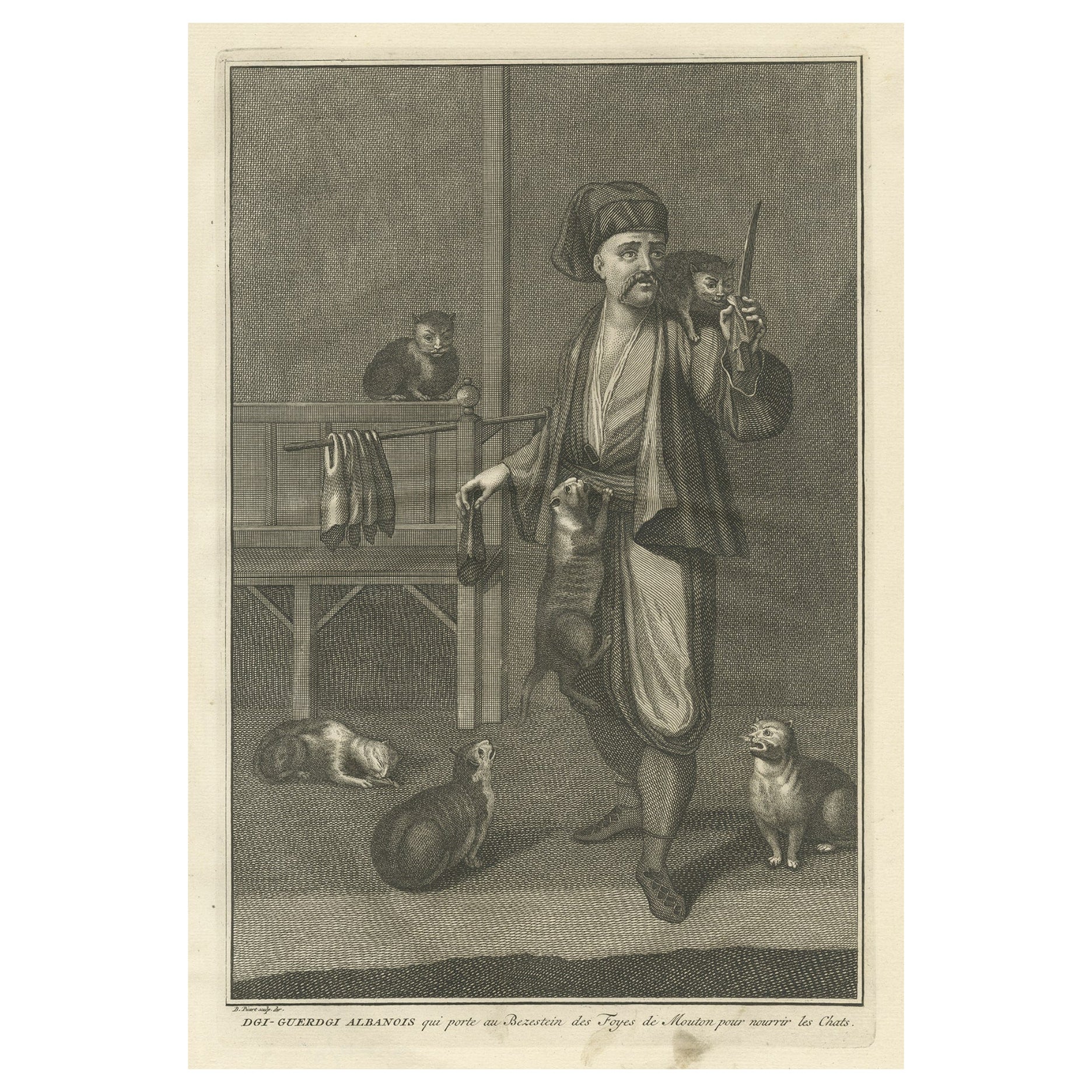 Antique Print of the Albanian Dgi-Guerdgi Feeding Sheep Liver to Cats, 1727