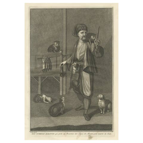 Antique Print of the Albanian Dgi-Guerdgi Feeding Sheep Liver to Cats, 1727