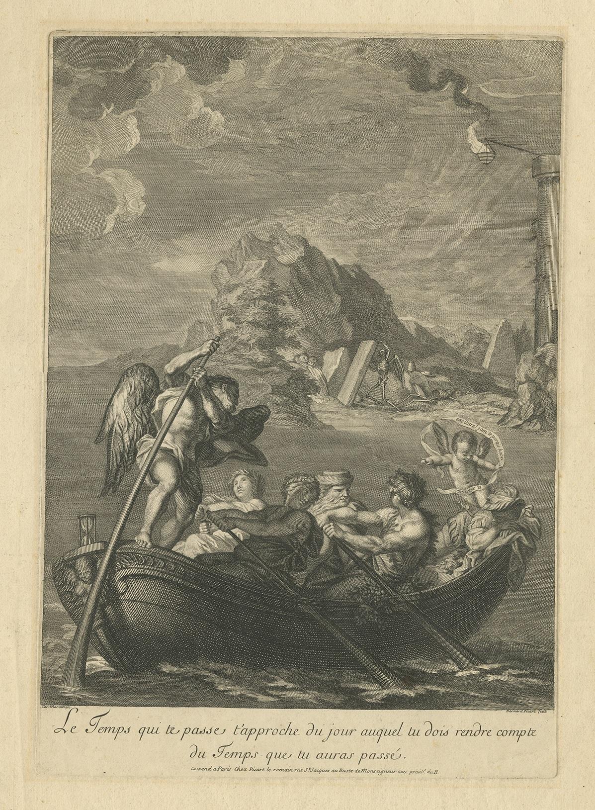 Antique print titled 'Le Temps qui te passe t'approche du jour auquel tu dois rendre compte du Temps que tu auras passé'. Copper engraving of the Allegory of Time. It shows a boat being rowed by men and women of all ages, being steered by Time