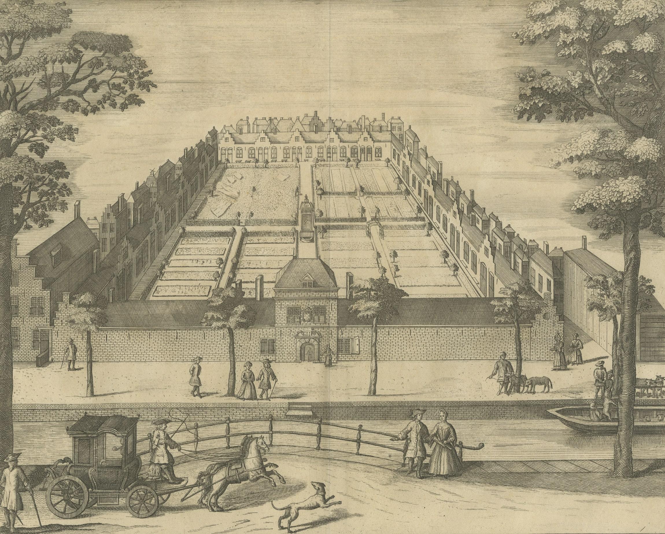 Impression ancienne intitulée 't H. Geest-Huis'. Vue de l'Aumônerie de La Haye. Publié par R. Boitet, vers 1735.