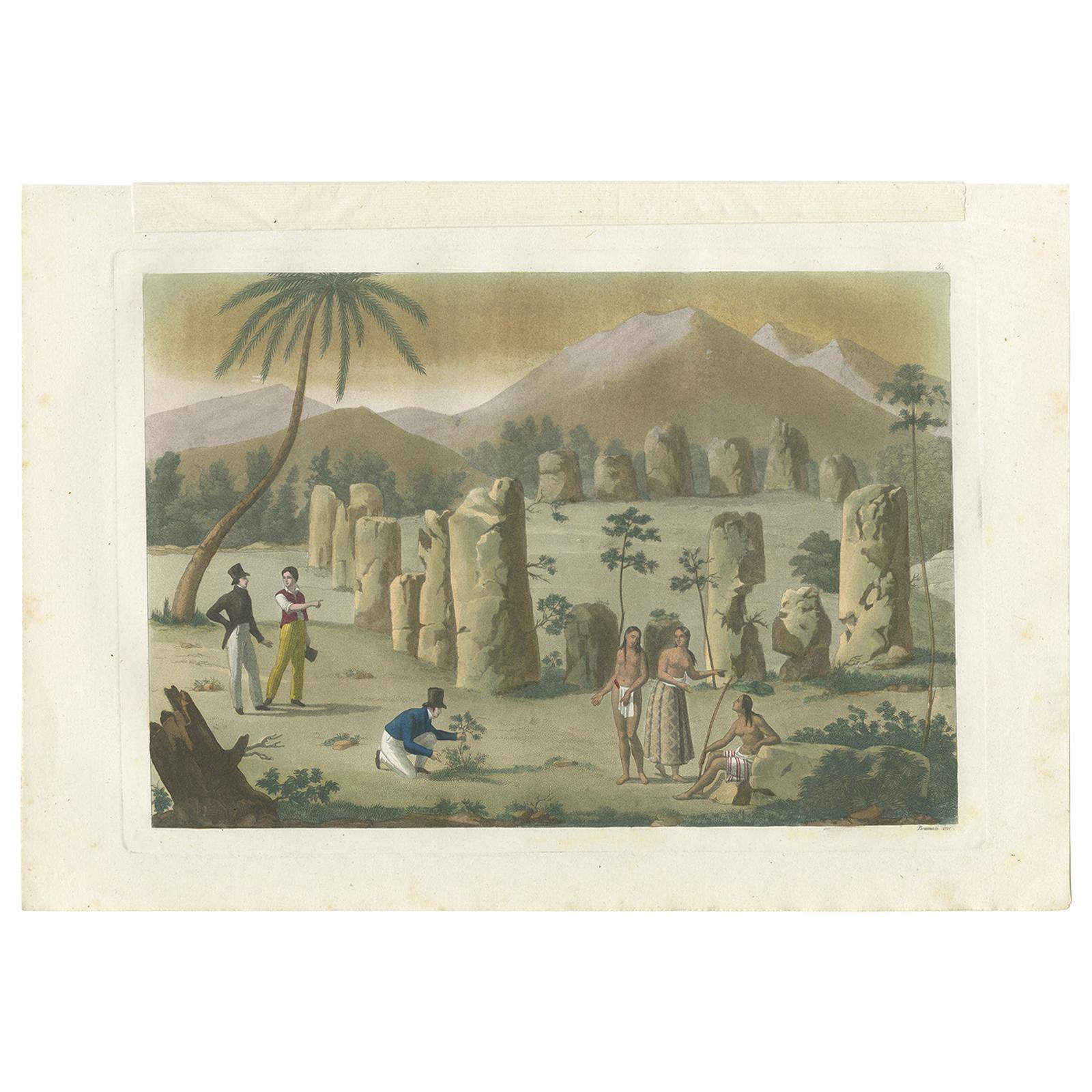 Impression ancienne des piliers anciens de l'île rotative par Ferrario '1831'