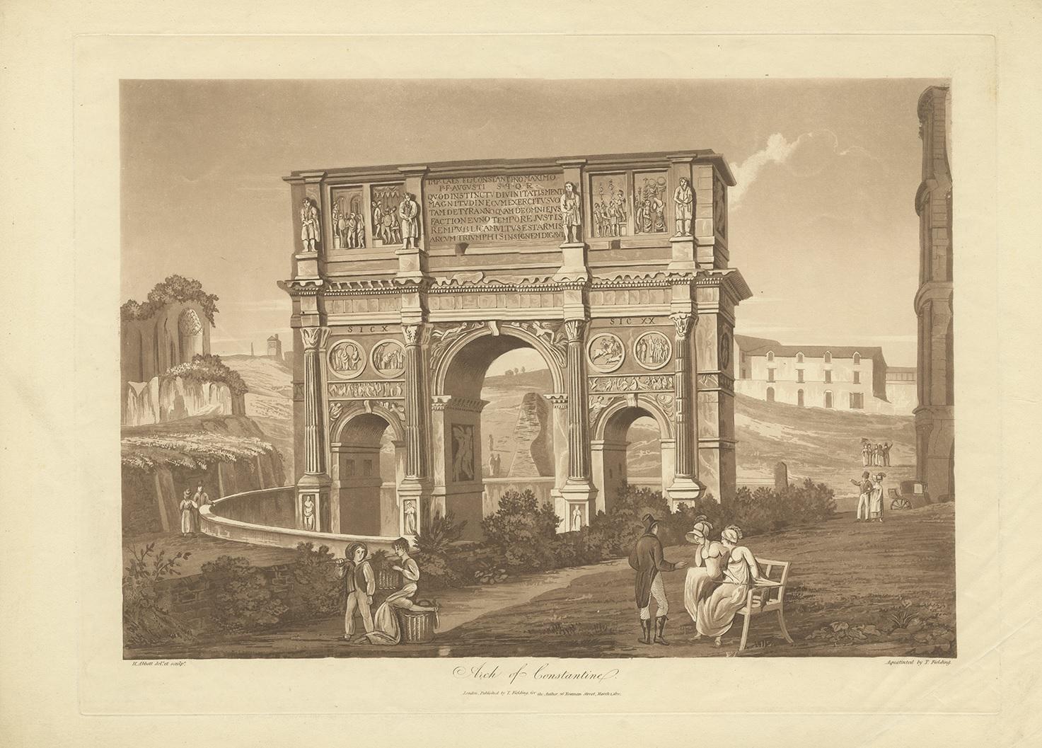 Antique print titled 'Arch of Constantine'. Large aquatint of the Arch of Constantine. The Arch of Constantine is a triumphal arch in Rome dedicated to the emperor Constantine the Great. The arch was commissioned by the Roman Senate to commemorate