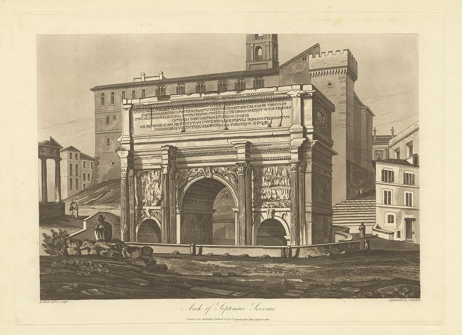 Antique print titled 'Arch of Septimius Severus'. Large aquatint of the Arch of Septimius Severus. The Arch of Septimius Severus at the northwest end of the Roman Forum is a white marble triumphal arch dedicated in 203 to commemorate the Parthian