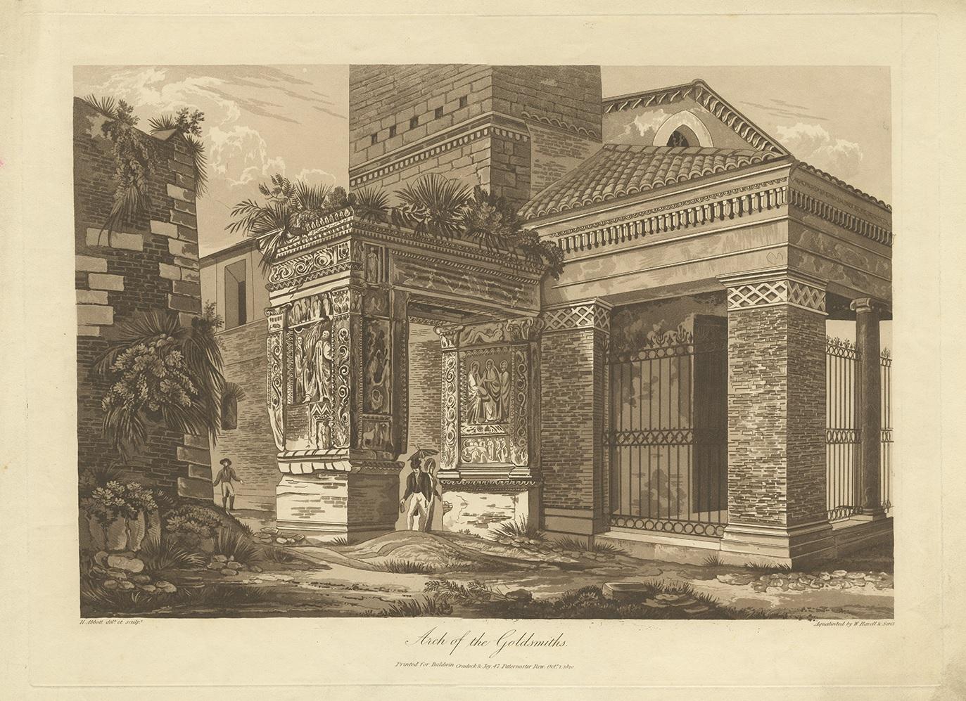 Antique print titled 'Arch of the Goldsmiths'. Large aquatint of the Arch of the Goldsmith. The Goldsmith's gate, or arch of the goldsmith, was built by bankers and cattle merchants in A.D. 204 in honor of Septimius Severus and his family, the