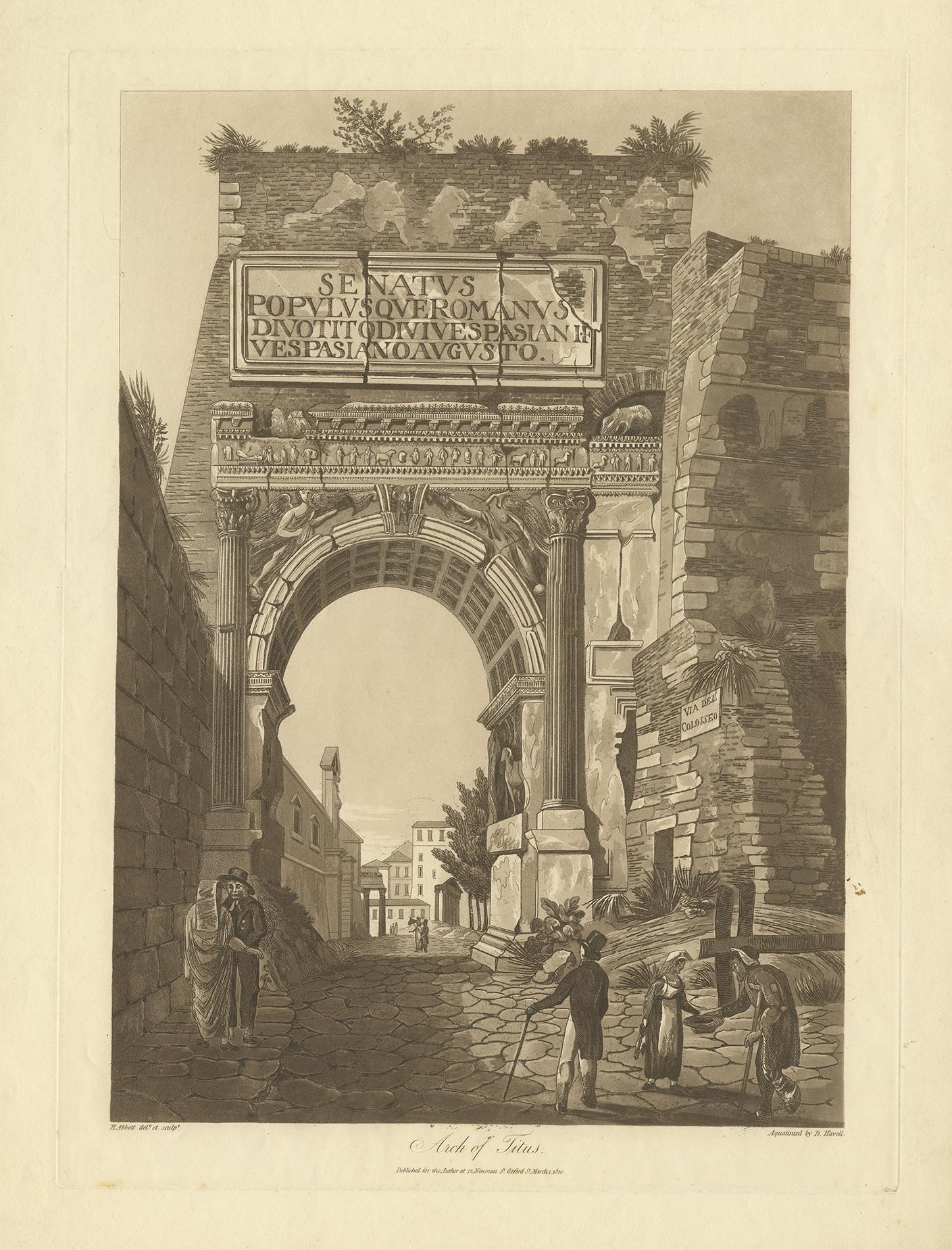 Antique print titled 'Arch of Titus'. Large aquatint of the Arch of Titus'. The Arch of Titus is a 1st century AD honorific arch, located on the Via Sacra, Rome, just to the south-east of the Roman Forum. It was constructed in c. 81 AD by the