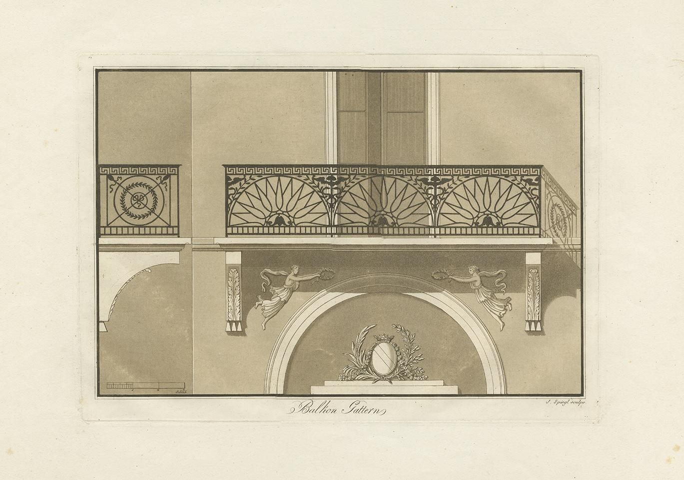 Stampa antica dal titolo 'Balkon Gattern'. Incisione in tono seppia che mostra gli elementi architettonici di un balcone. Inciso da J. Spiegl.