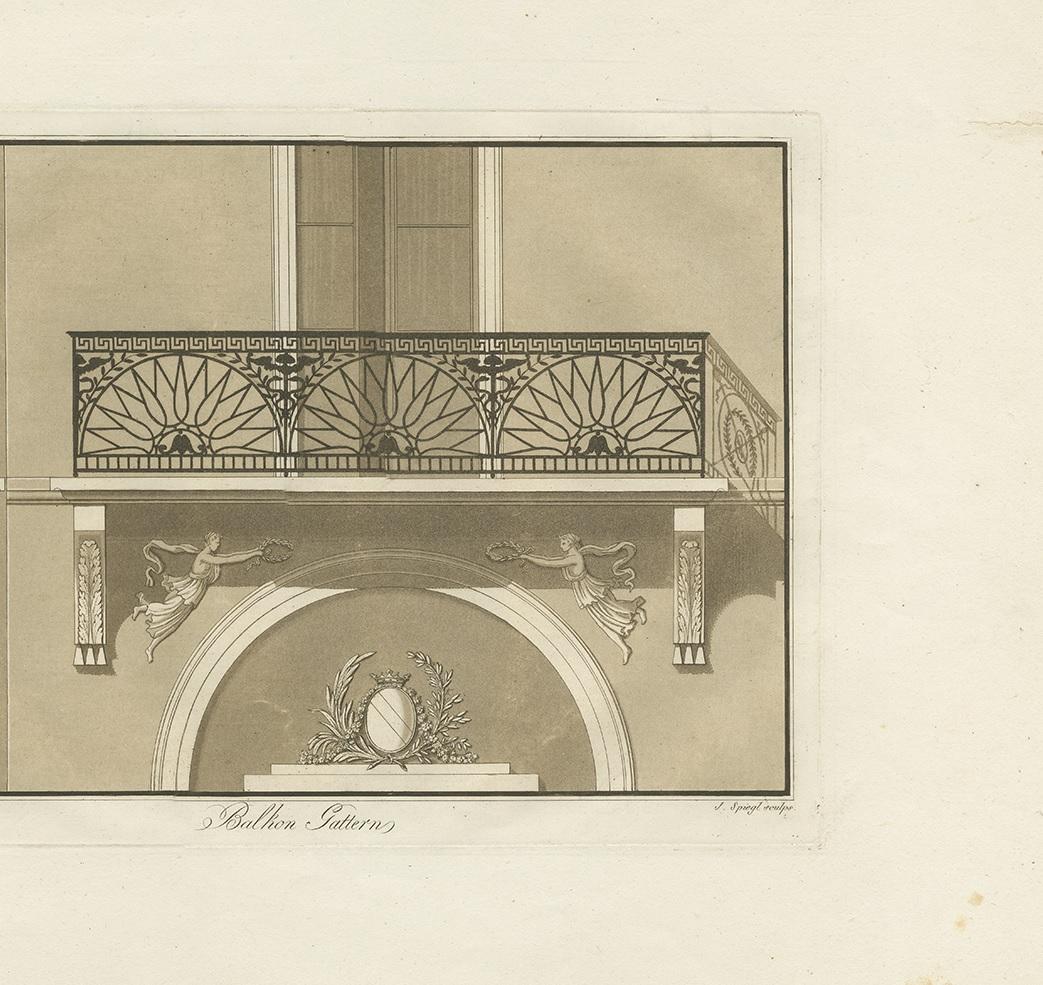 Stampa antica dell'architettura di un balcone di Spiegl, 1730 ca. In condizioni buone in vendita a Langweer, NL
