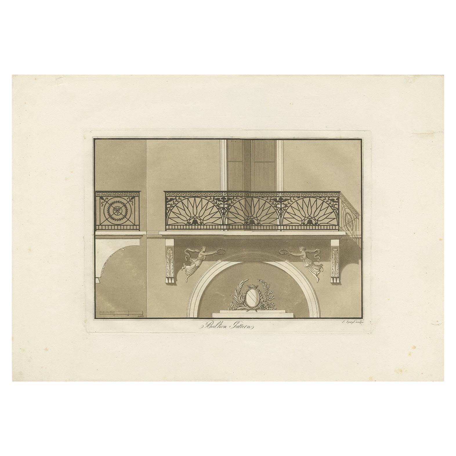 Antiker Druck der Architektur eines Balkons von Spiegl:: um 1730