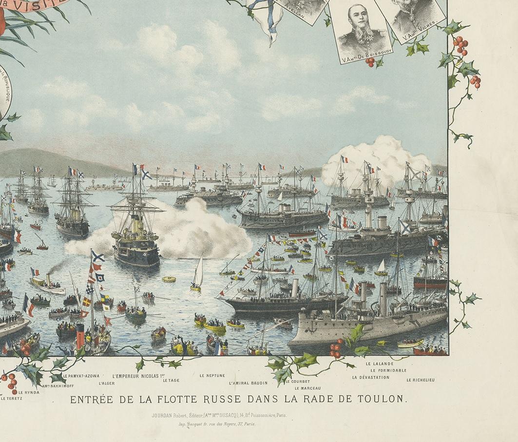 19th Century Antique Print of the Arrival of the Russian Squadron in Toulon, circa 1895 For Sale