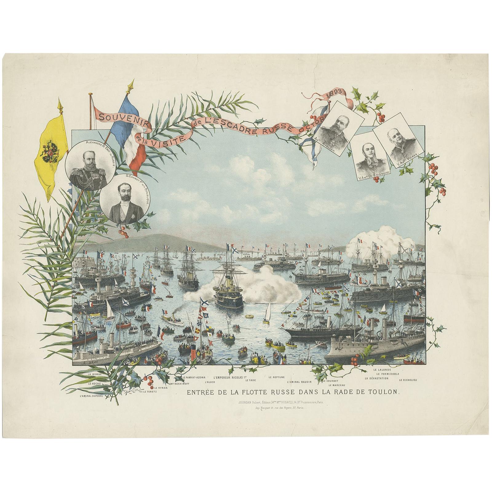 Antique Print of the Arrival of the Russian Squadron in Toulon, circa 1895