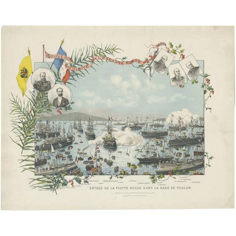 Naval lithograph of Russian fleet arriving in Toulon, France, in 1893