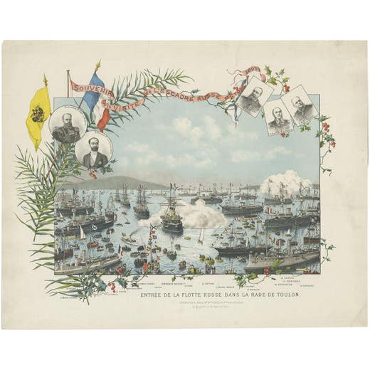 Naval lithograph of Russian fleet arriving in Toulon, France, in 1893