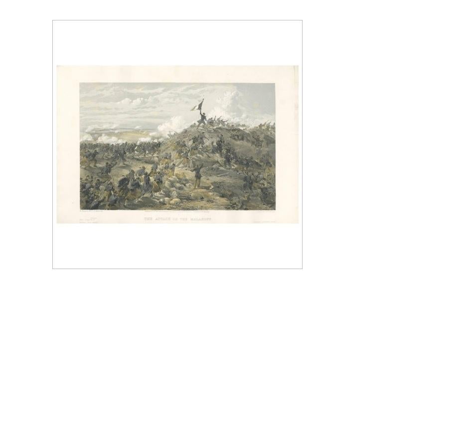 Antique print titled 'The attack on the Malakoff'. Print shows the French assault on the Malakoff, the main Russian fortification before Sevastopol', French soldiers advancing from the left, Zouaves from the left foreground, crossing ditch and
