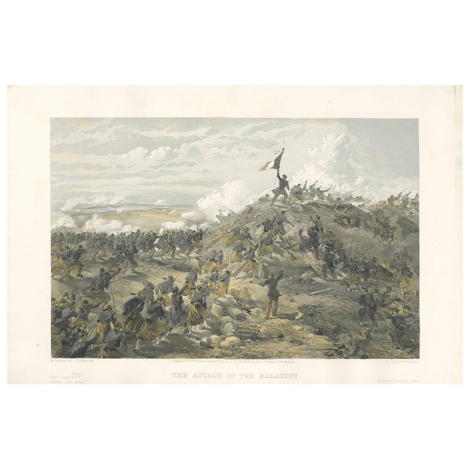 Antique Print of the attack on Malakoff 'Crimean War' by W. Simpson, 1855 For Sale