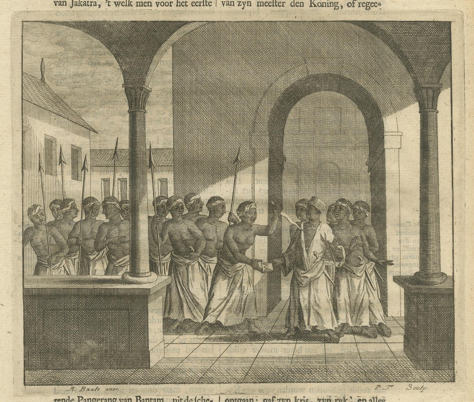 Gravure ancienne de l'attaque des indigènes bantams contre le roi de Jakarta (Batavia) en 1619. Cette gravure provient de 'Oud en Nieuw Oost-Indiën' de F. Valentijn.