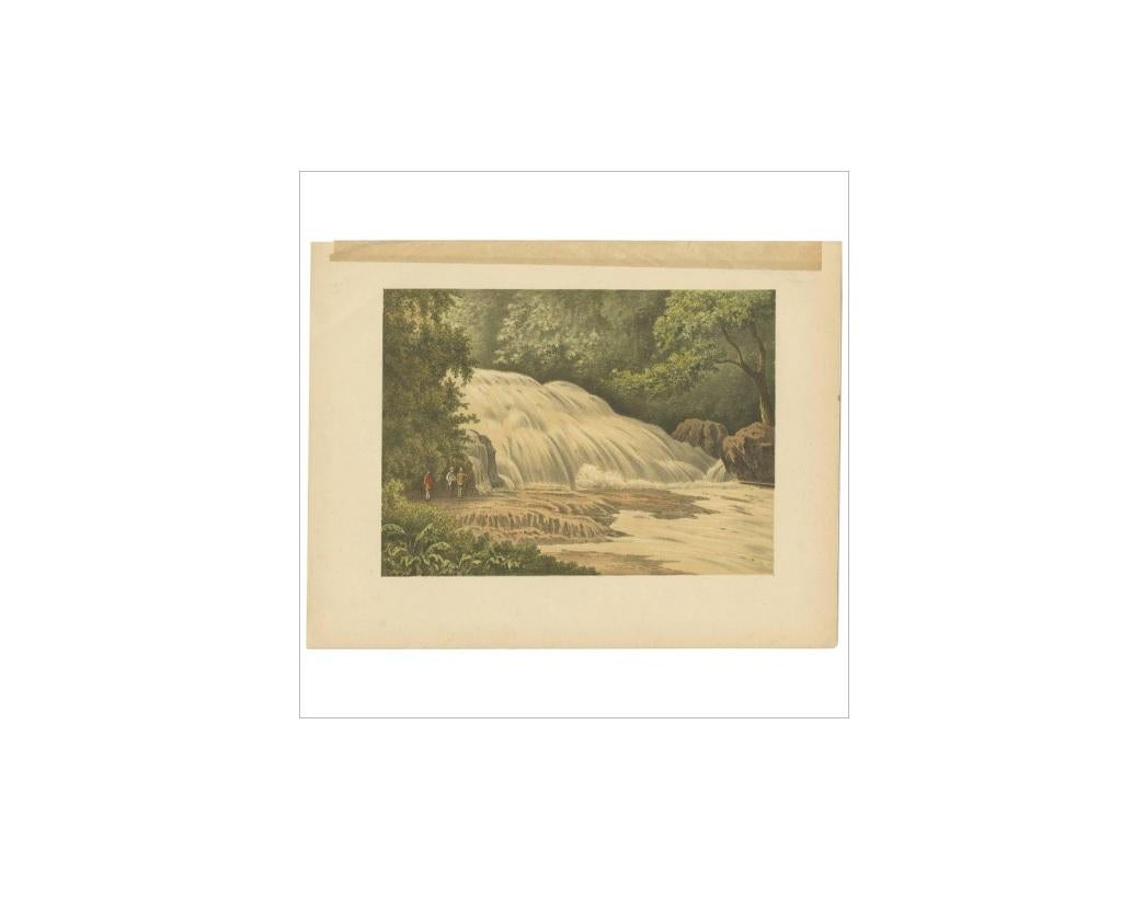 Antique print of the Bantimurung Waterfall near Makassar, South Sulawesi, Indonesia. This print originates from 'Het Kamerlid van Berkestein in Nederlandsch-Indie.', (translation: van Berkestein, member of the Dutch Parliament in the Dutch