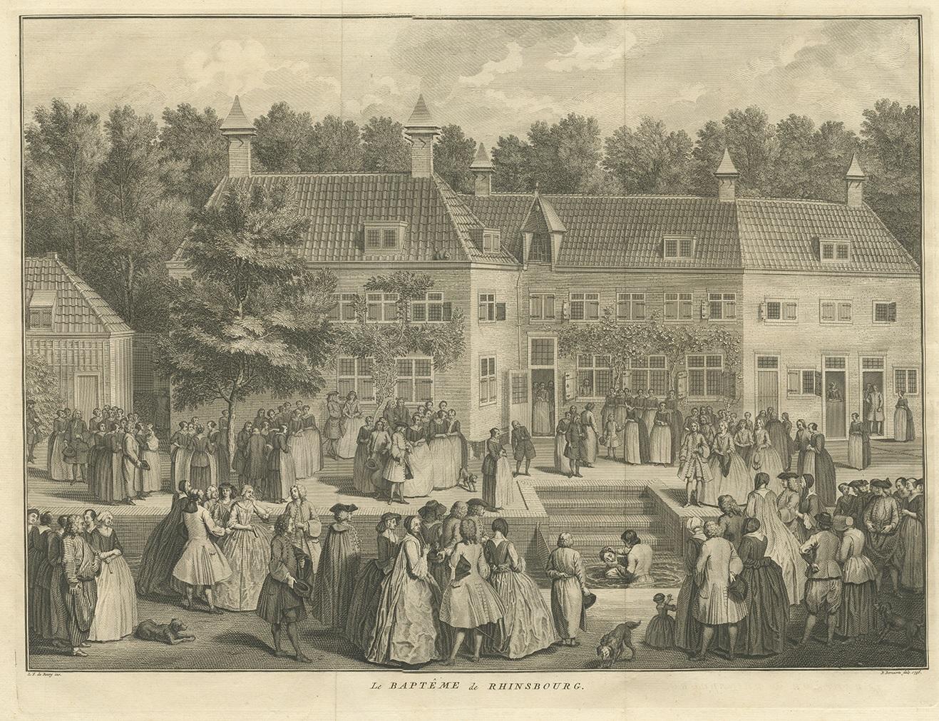 Antique print titled 'Le Baptême de Rhinsbourg'. This print depicts the baptism of Christians in Katwijk-Rijnsburg in The Netherlands. Engraved by B. Bernaerts.