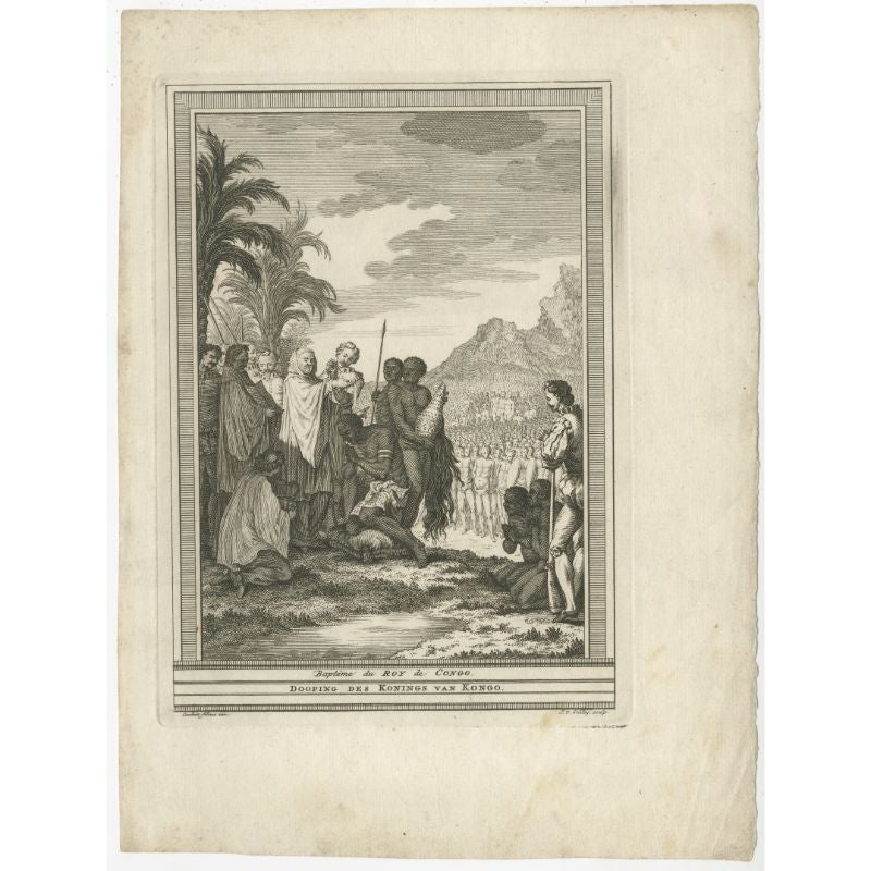 Antique print titled 'Dooping des Konings van Kongo'. Print of the baptism of the King of Congo. This print originates from Prévost's 'Histoire générale des Voyages'.

Artists and Engravers: Engraved by J. van Schley. Jakob van der Schley
