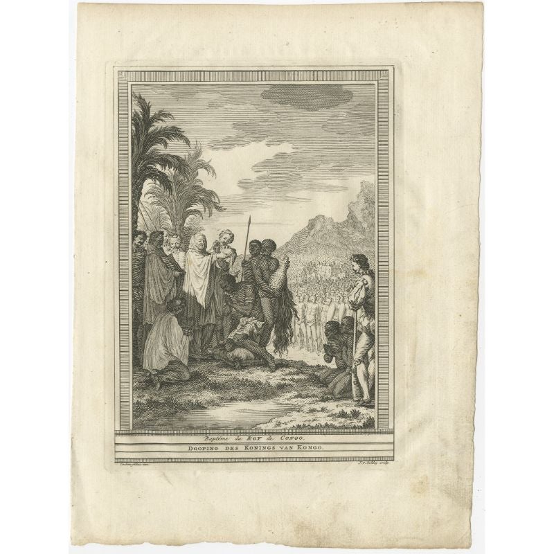 Antique print titled 'Dooping des Konings van Kongo'. Print of the baptism of the King of Congo. This print originates from Prévost's 'Histoire générale des Voyages'.

Artists and Engravers: Engraved by J. van Schley. Jakob van der Schley
