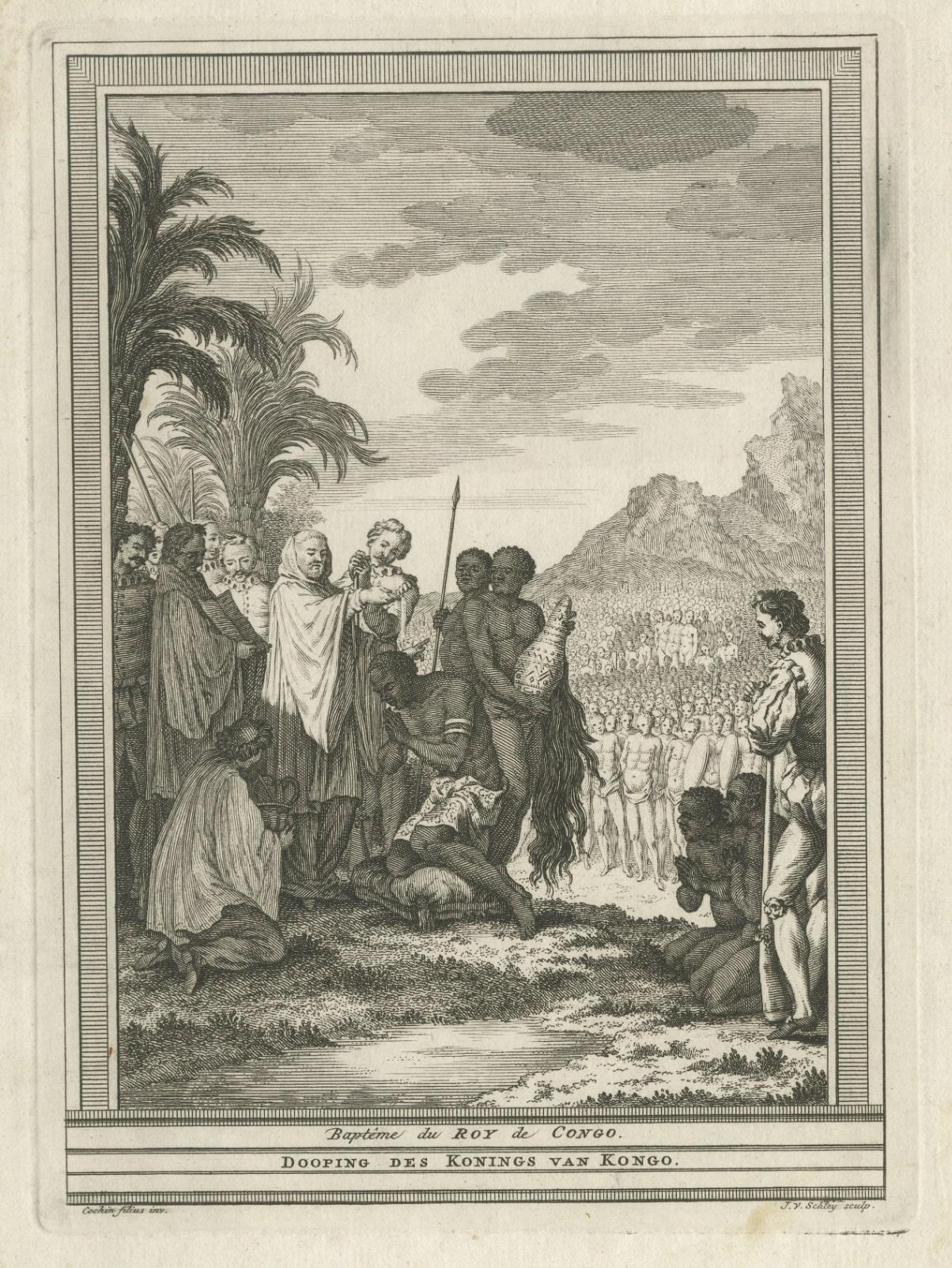 Antique Print of the Baptism of the King of Congo in Africa, 1747 In Good Condition For Sale In Langweer, NL