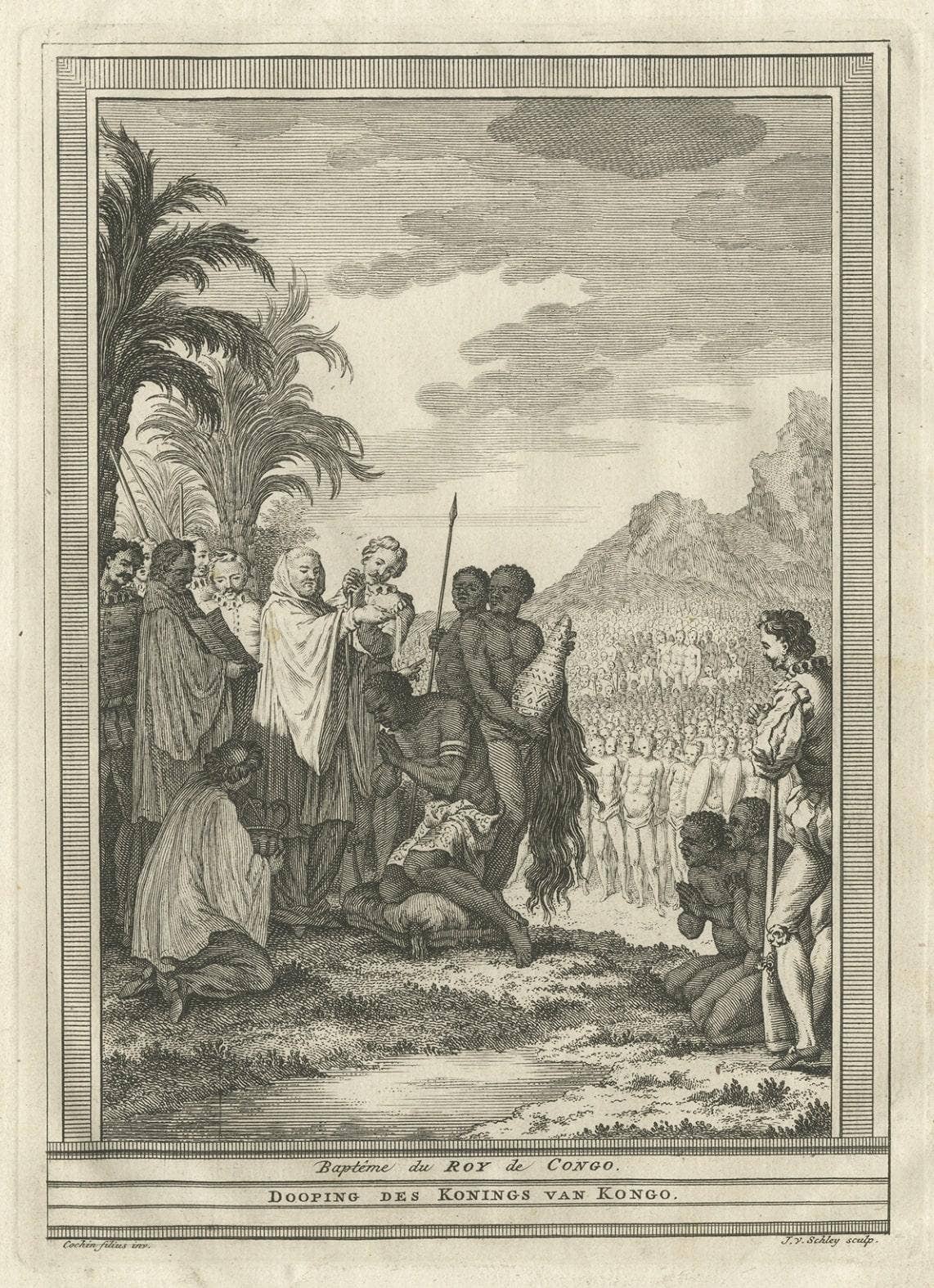 Antique Print of the Baptism of the King of Congo in Africa, 1747