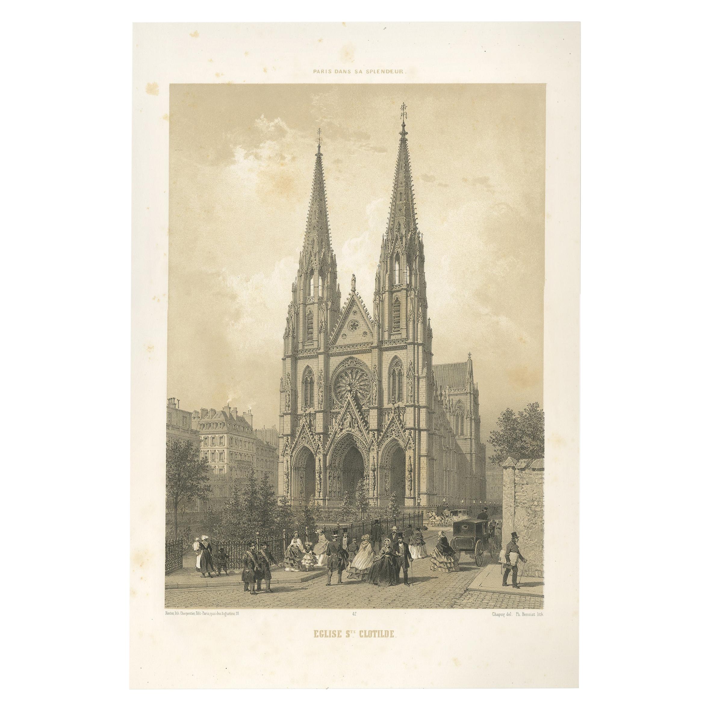 Antique Print of the Basilica of Saint Clotilde in Paris, France, 1861