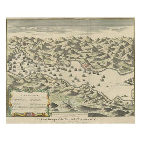 Antique Print of the Battle in 1702 of Vigo Bay or Rande, Galicia, Spain