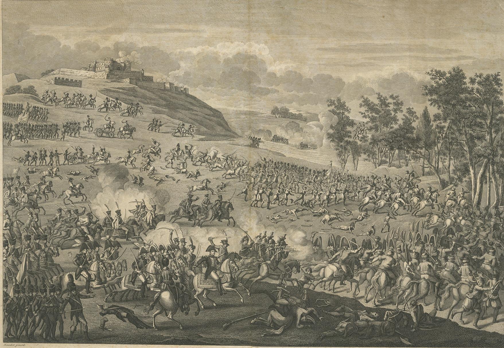 Antique print titled 'Bataille de la Moskowa'. Scene of the Battle of Borodino, a battle fought on 7 September 1812 in the Napoleonic Wars during the French invasion of Russia. Engraved by le Beau after a painting by Naudet. Published, circa 1820.