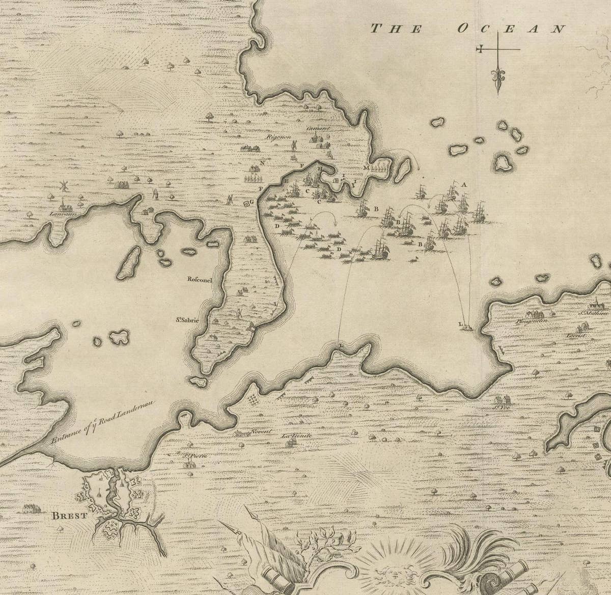 Antique Print of the Battle of Camaret in the Nine Years War, Near Brest, France