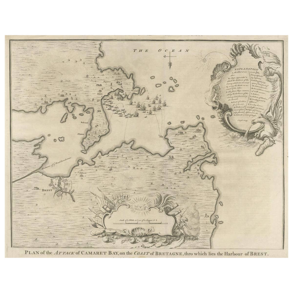 Antique Print of the Battle of Camaret in the Nine Years War, Near Brest, France