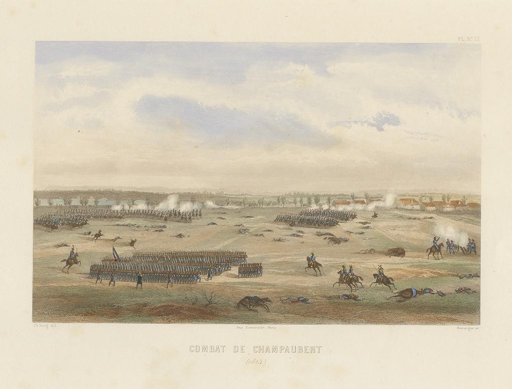 Antique print titled 'Combat du Champaubert'. Steel engraving of the Battle of Champaubert (1814). This print originates from 'Album de Vingt Batailles de la Révolution et de l'Empire'. Published circa 1860.