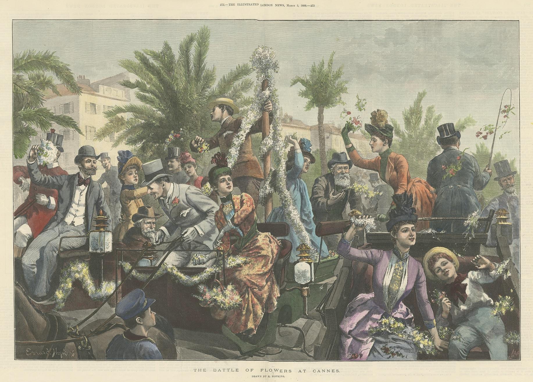 Antique print titled 'The Battle of Flowers at Cannes'. Original antique print of a flower parade in Cannes, France. This print originates from 'The Illustrated London News'. Drawn by E. Hopkins. Published March 2, 1889.