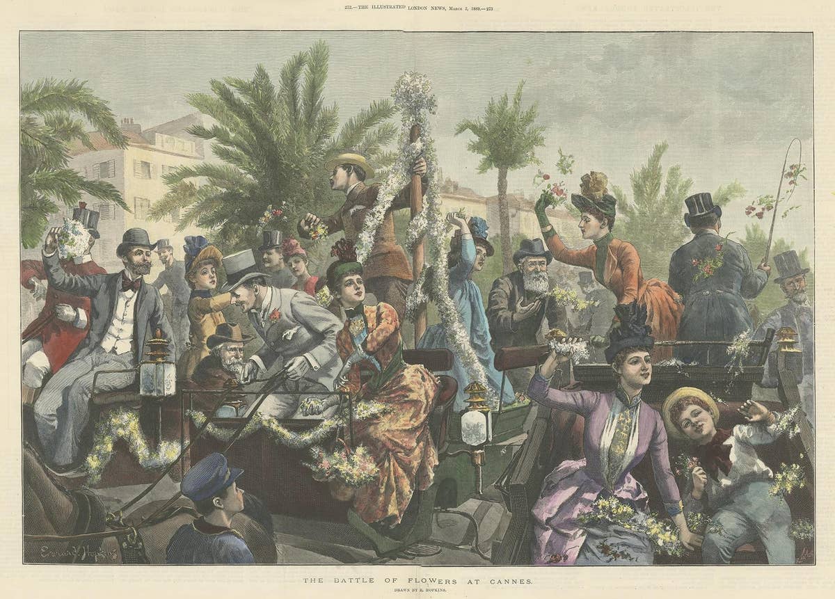 Antique Print of 'The Battle of Flowers' at Cannes by Hopkins, '1889'