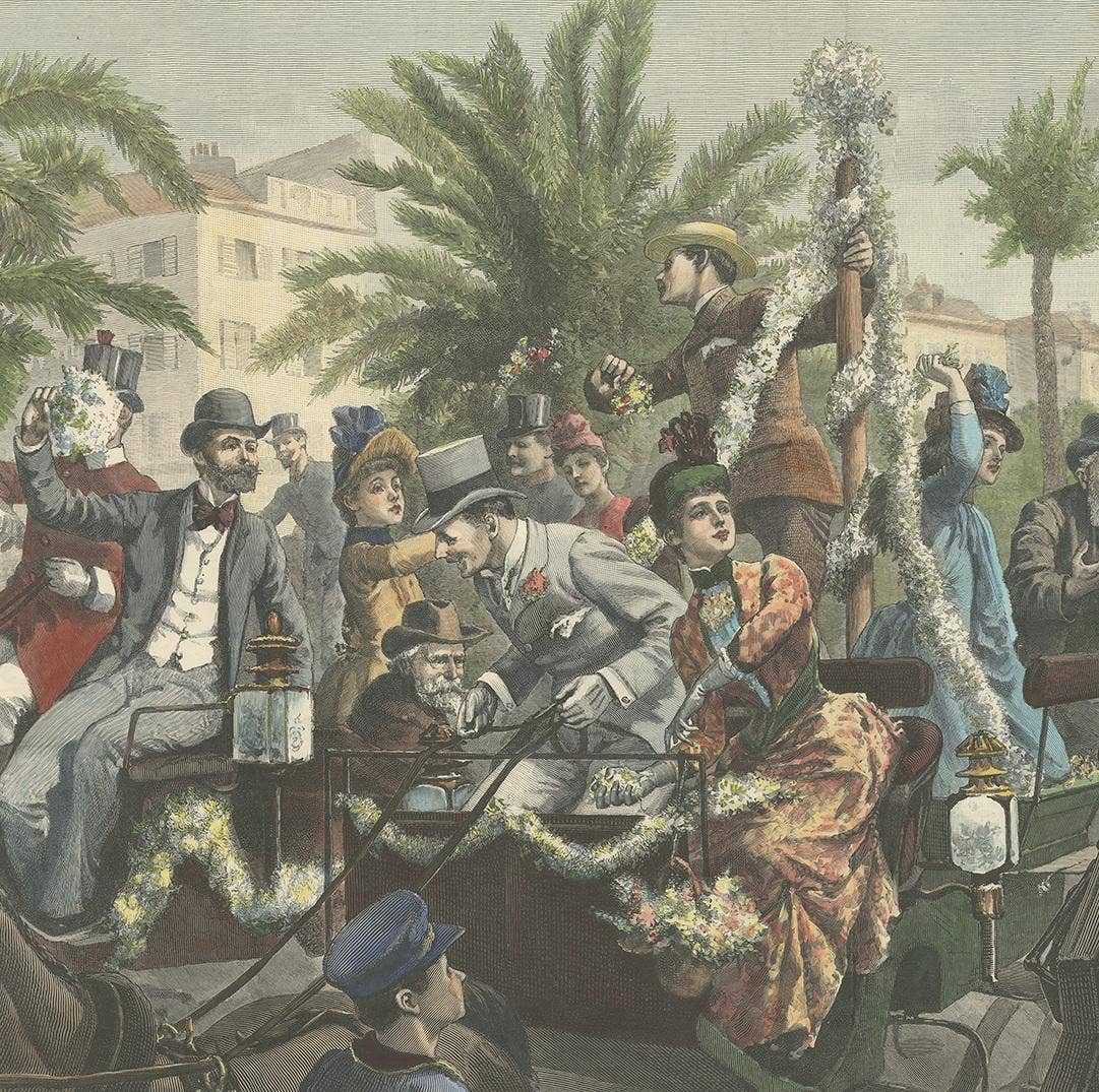 Antique Print of 'The Battle of Flowers' at Cannes by Hopkins, '1889'