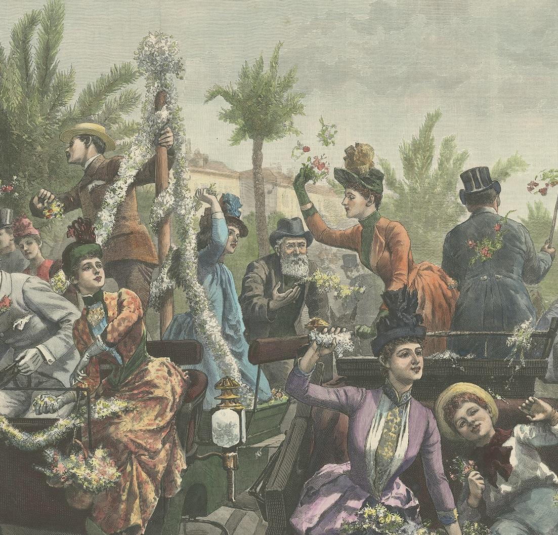 Antique Print of 'The Battle of Flowers' at Cannes by Hopkins, '1889' In Good Condition For Sale In Langweer, NL