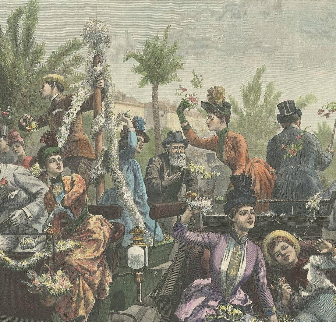 Antique Print of 'The Battle of Flowers' at Cannes by Hopkins, '1889'