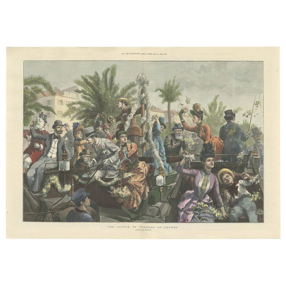 Antique Print of 'The Battle of Flowers' at Cannes by Hopkins, '1889'